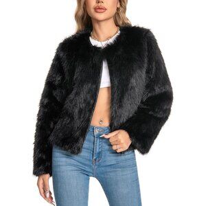 Women's Faux Fuzzy Jacket Fluffy Long Sleeve Winter Coat with Pockets Black